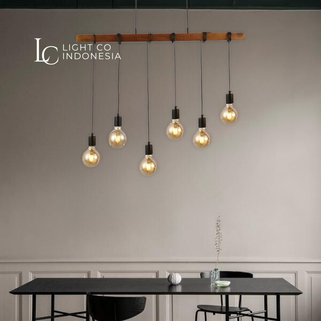 [ LIGHTCO INDONESIA ] LAMPU GANTUNG MINIMALIS INDUSTRIAL VINTAGE 6 LAMPU HITAM KAYU