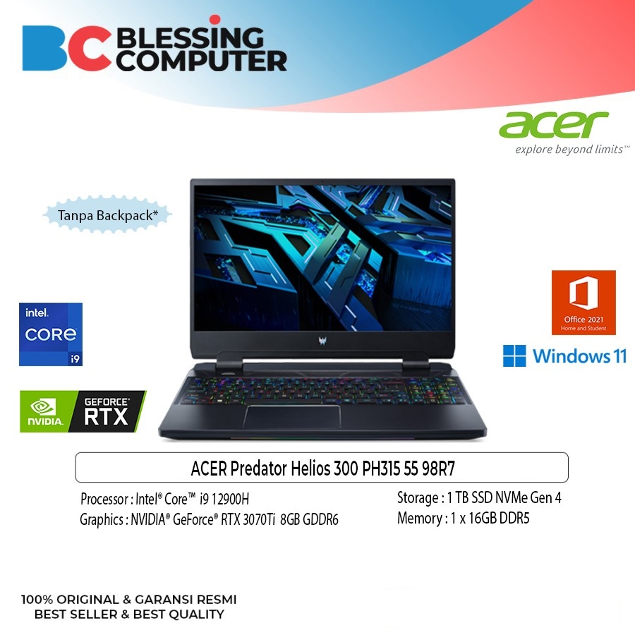 Acer Predator Helios 300 PH315 55 98R7 Core i9 12900H 16GB 1TB 3070Ti