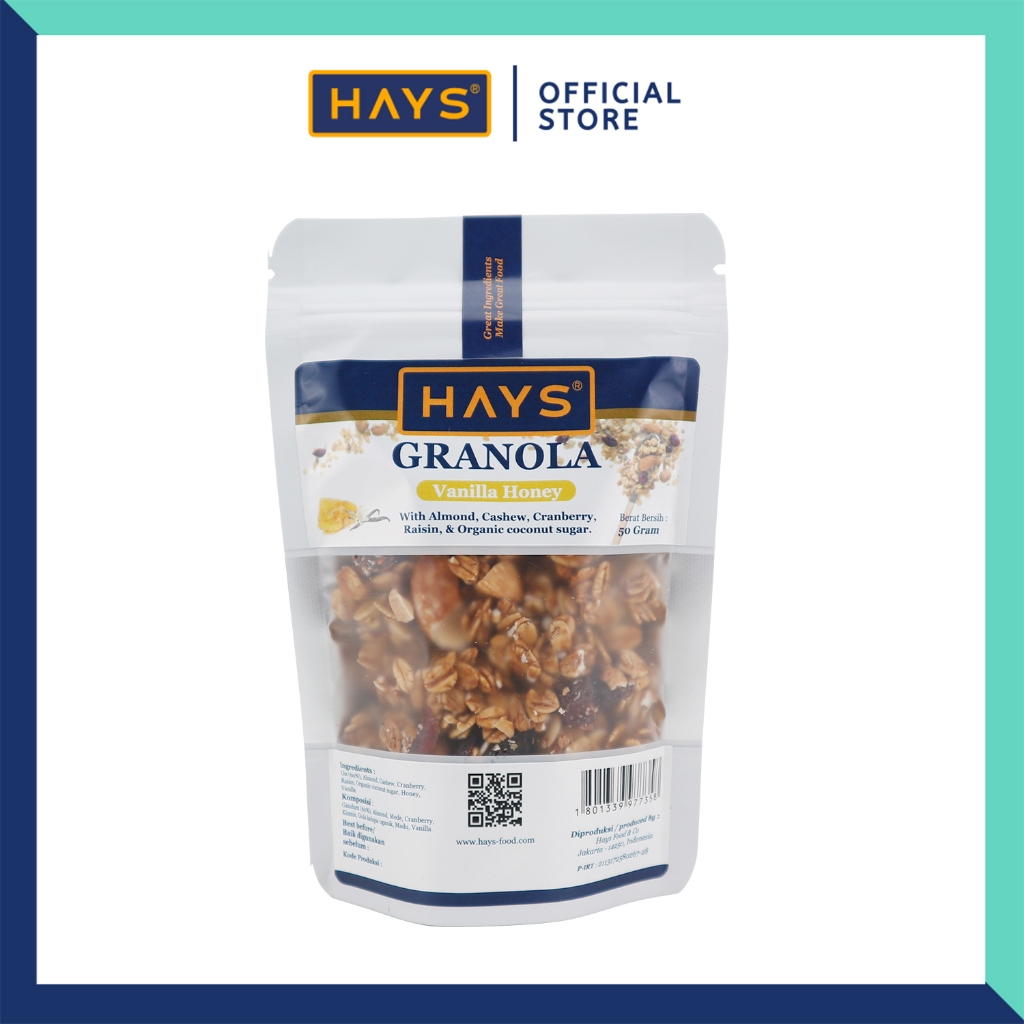 

HAYS Granola Vanilla Honey 50 Gram / Granola Vanilla Madu Dengan Almond Mete Cranberry Raisin Organic Coconut Sugar