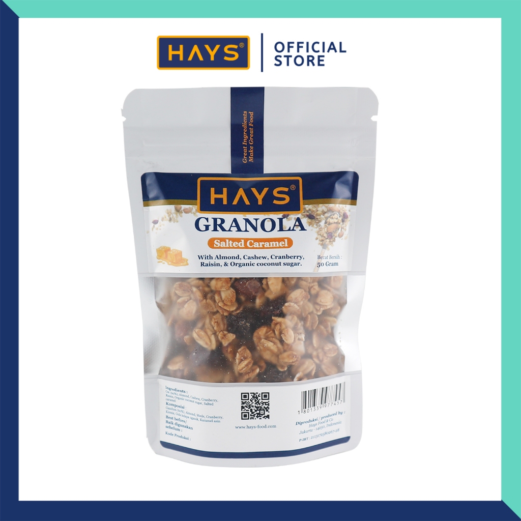 

HAYS Granola Salted Caramel 50 Gram / Sereal Oatmeal Karamel Asin dengan Almond Mete Cranberry Raisin Organic Coconut Sugar