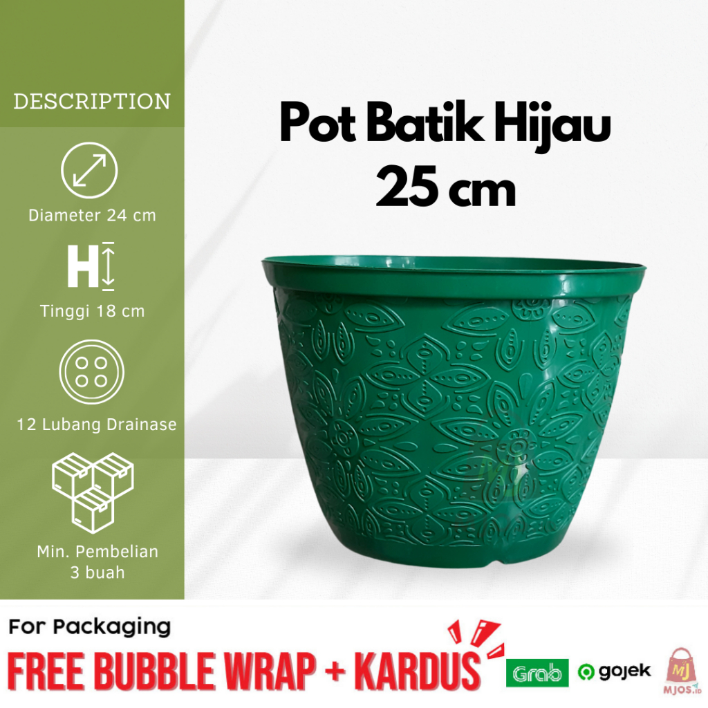 Pot bunga tanaman hias estetik plastik shallom motif batik tebal kuat warna hijau ukuran 25 cm