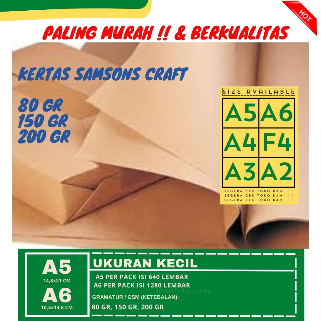 

KERTAS CRAFT/KERTAS SAMSONS/KERTAS LINER UKURAN 80 GR 150 GR 200 GR A5&A6 PERPACK ISI 640&1280 LEMBAR