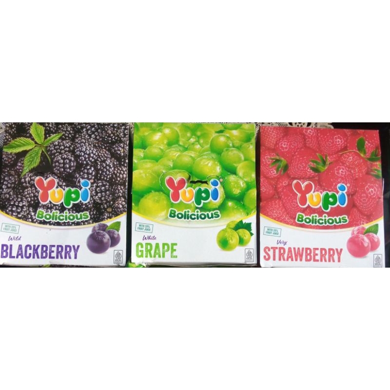 

Yupi Bolicious Dengan Rasa BLackbery, Rasa Strawberry,Rasa Grape isi 24 pcs