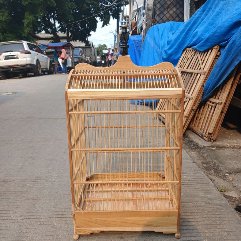 Kandang Sangkar Burung Kotak Kayu Jati Bambu Ukuran No 2 dan 3 Lengkap Tangkringan Cepuk Karpet
