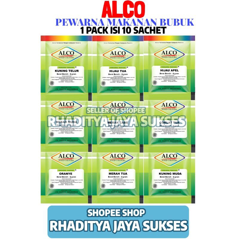 

Pewarna Makanan Minuman Kue Bubuk Alco 5 Gr 10 Sachet 1 Pack