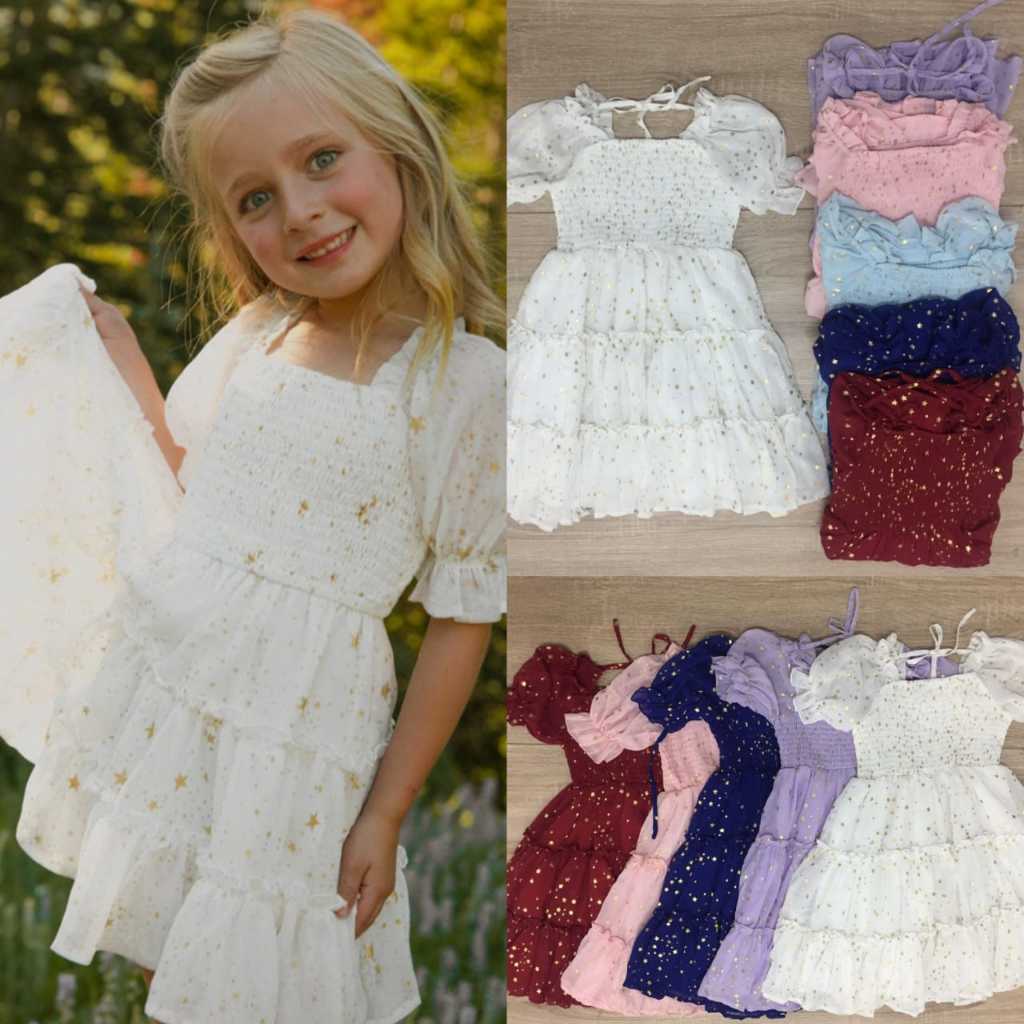Dress anak import chiffon bintang gaun pesta anak perempuan mewah murah Putih bersih biru navy muda 