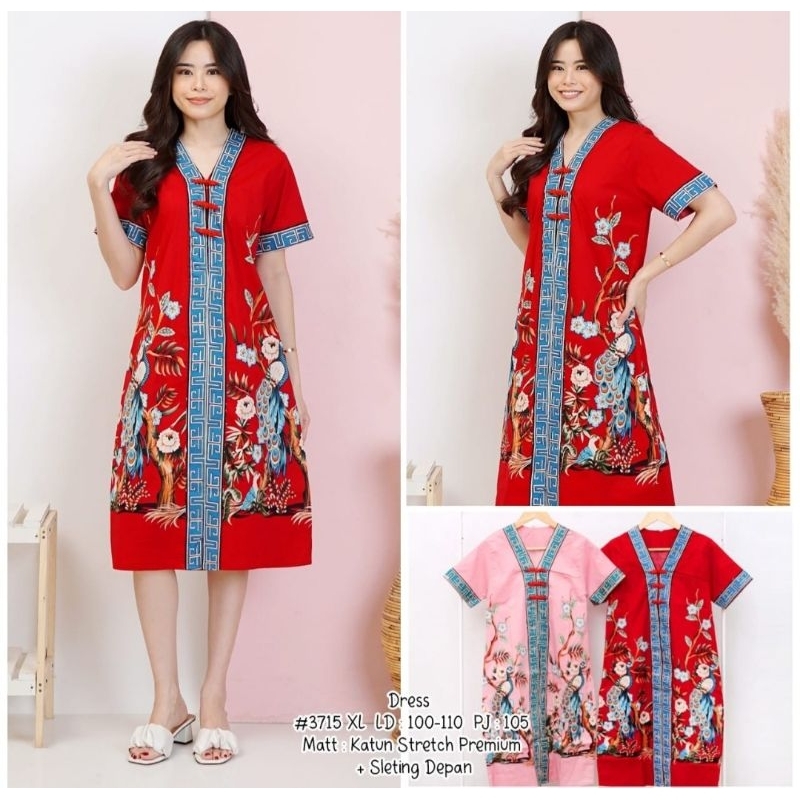 dress wanita cheongsam merah imlek CNY batik jumbo XL busui