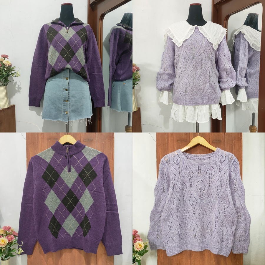 sweater cardigan vest rompi rajut kepang lengan balon ketupat lilac