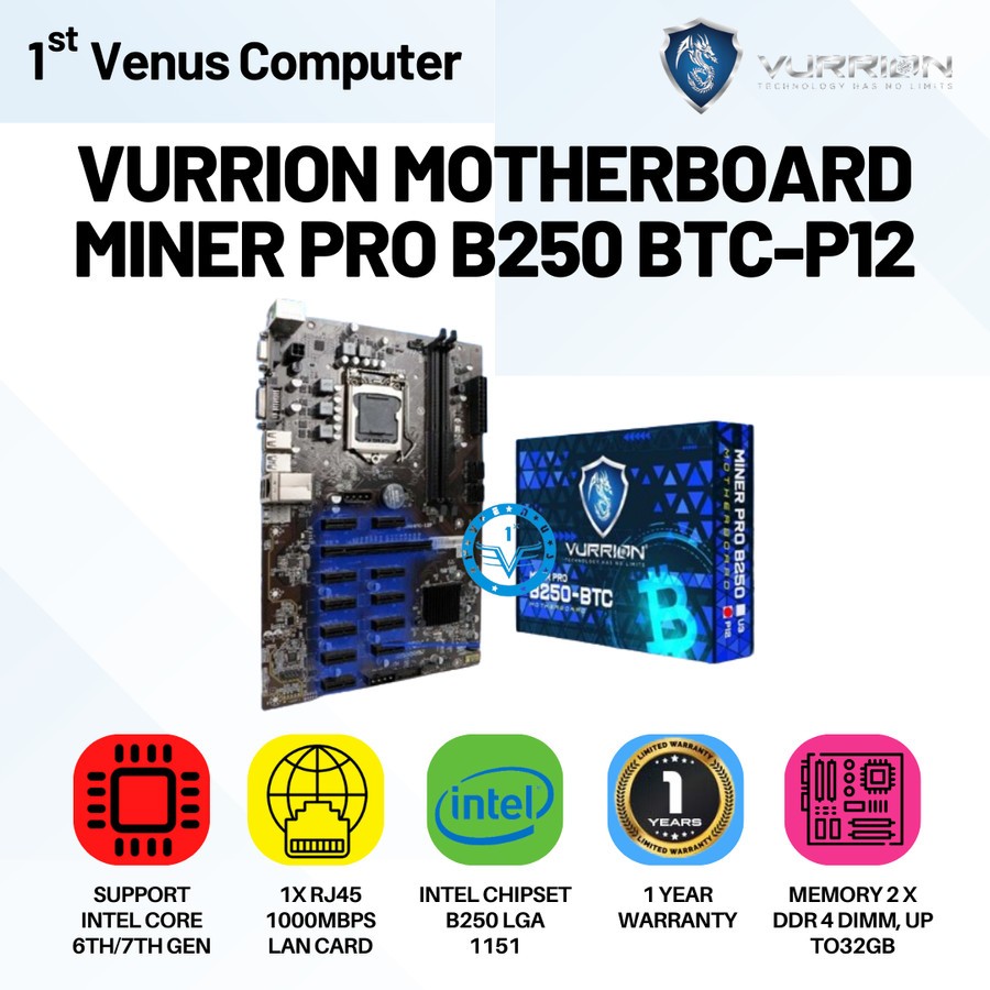 MOTHERBOARD VURRION MINER PRO B250 BTC P12 MOBO MINING 12PCI/MAIN-VR01