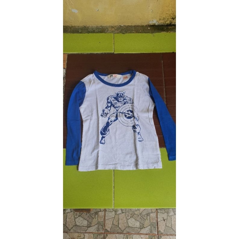 Kaos Anak Lengan Panjang H&M Preloved Putih Biru Marvel Captain America