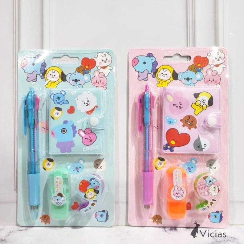 

ART F98F 1 Set Alat Tulis 4in1 Buku Pulpen Highlighter Tape BTS Notebook BT21 Murah