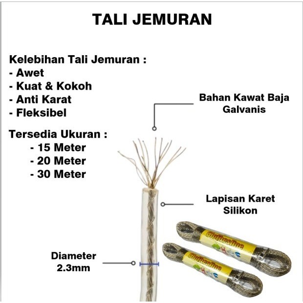 Promo Tali Kawat Lapis Karet Silicon Tebal 30M Awet & Elastis/Tali Jemuran/Tali Jemuran Kawat Sling