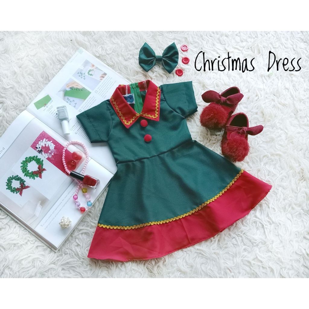 BAJUNIK_PRODUSENBAJUANAK CHRISMAS DRESS / BAJU NATAL / PAKAIAN ANAK-ANAK / KOSTUM WARNA HIJAU / BAJU