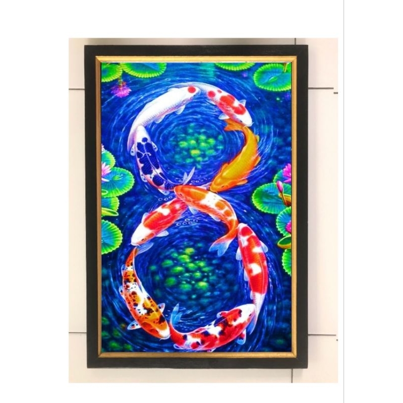 Hiasan dinding cetak gambar 9 ikan koi plus bingkai uk 35x52cm
