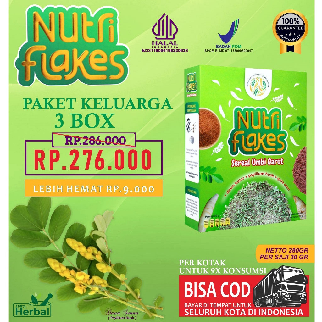 

PAKET 3 BOX NUTRIFLAKES ORIGINAL Sereal Umbi Garut Nutriflakes Original Asam Lambung