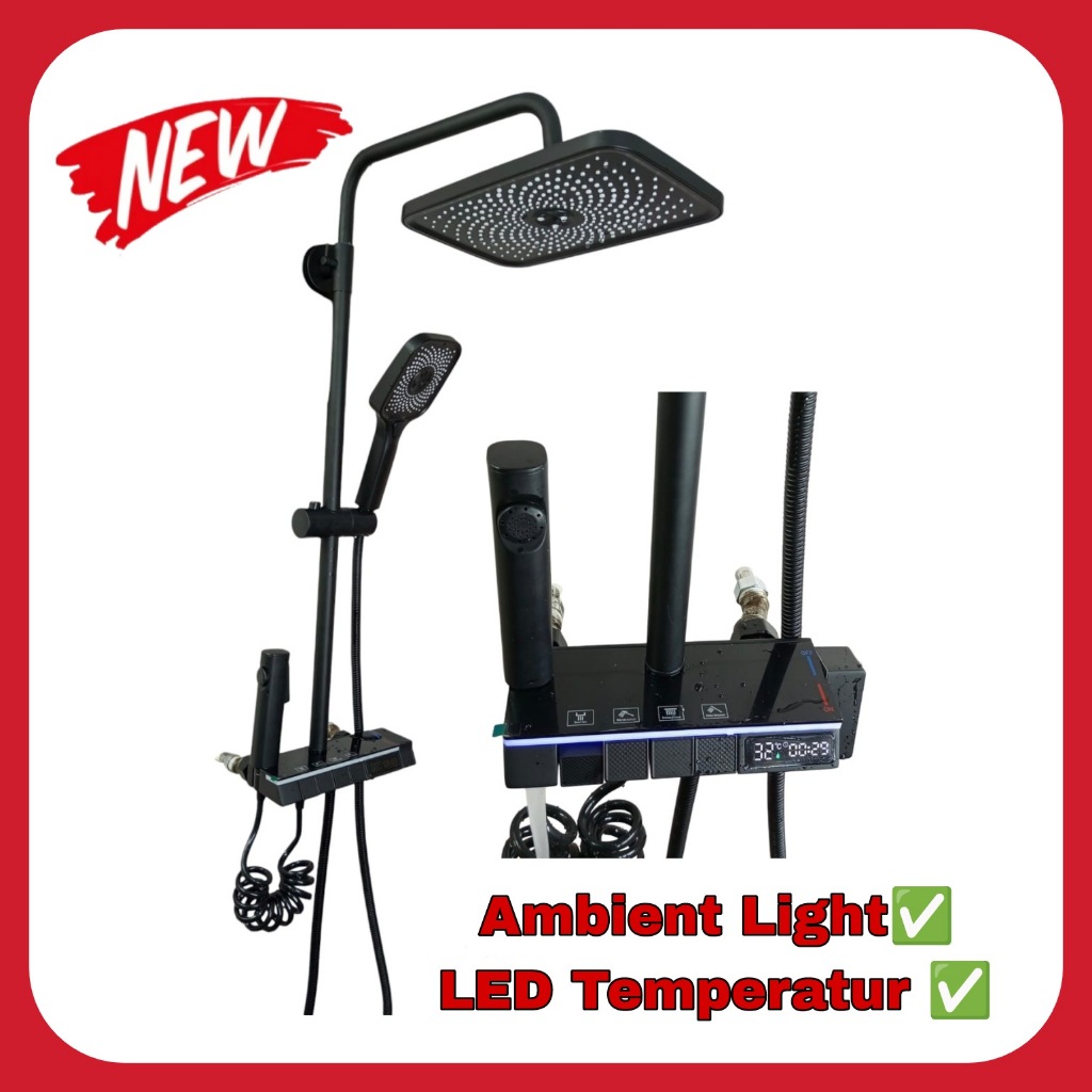 SHOWER TIANG COLUMN SET PANAS DINGIN BLACK MEWAH DENGAN LED INDIKATOR SUHU AIR BERKUALITAS BAHAN STA