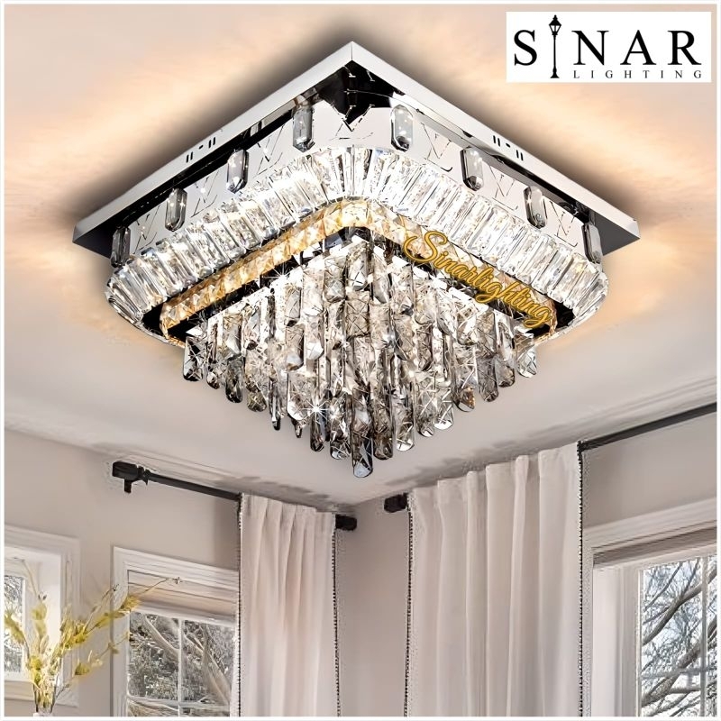 Lampu plafon kristal kotak LED ukuran 50/60/80 cm H3925