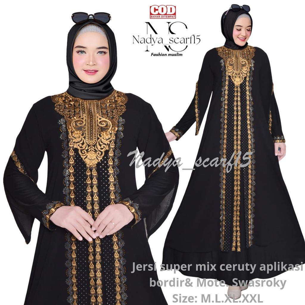 (COD)Gamis Abaya Turkey Ratu WARNA Jersey Mix Ceruti Bordir Mote Swarosky Model Terbaru