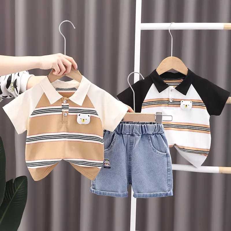 Setelan Anak Laki - Laki Usia 1-4 Tahun | Setelan Trendy Anak Cowok Kaos Krah Motif Salur Kancing Le