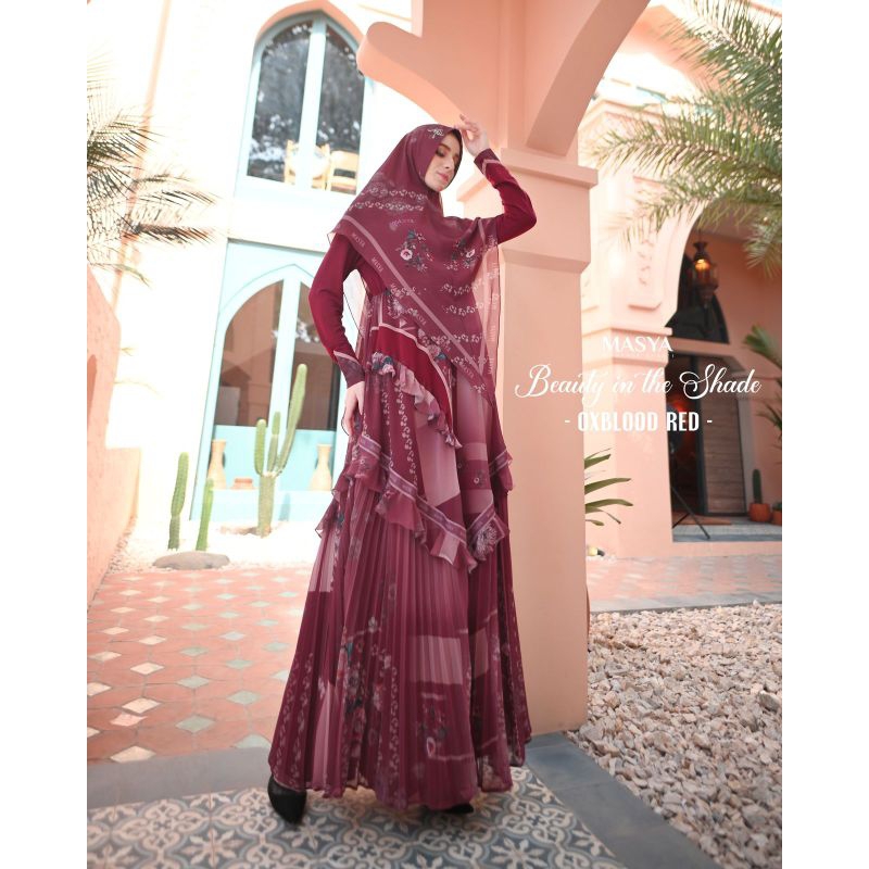 Set Gamis Dress Ceruty Babydoll Syari Branded Printing Maroon - Oxblood red - merah darah Mewah Masy