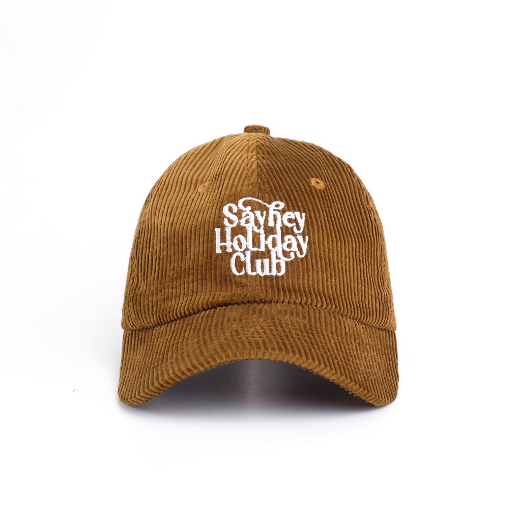 Sayhey Holidayclub - Logo Serif Caps (Caramel) | Topi Lidah Pendek | Topi Corduroy Warna Coklat Cara