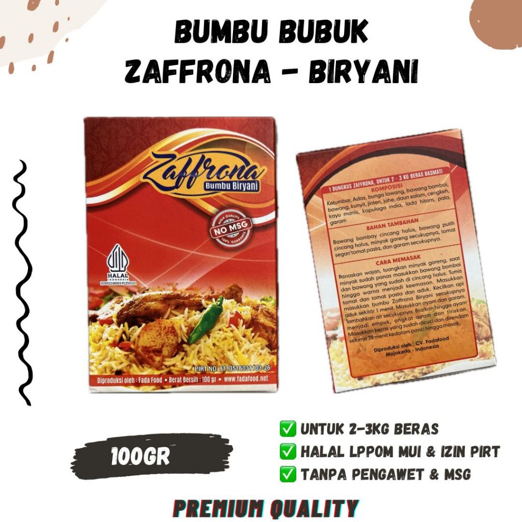 

BUMBU ZAFFRONA BIRYANI 100gram Instant Bubuk Kering Praktis Nasi Briyani Briani zafron zaffron