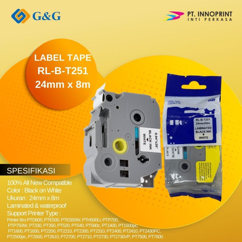 

Label tape G&G for Brother Label Tape TZE-251 24mm x 8m Black On White TZe251