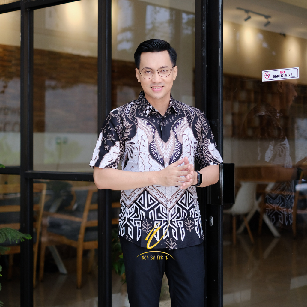 Kemeja Batik Pria Original Slimfit Motif Alijaya Baju Batik lengan pendek warna moca terbaru lapis f