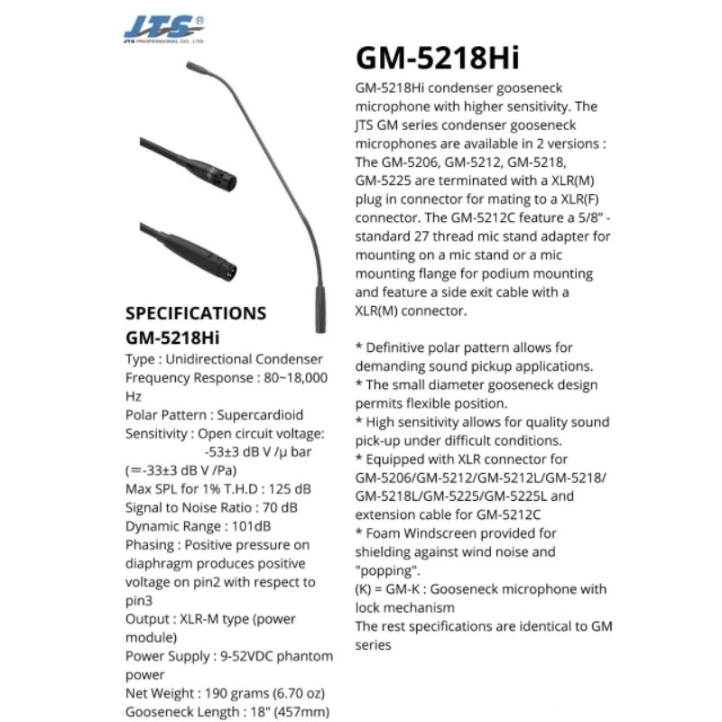 Microphone Gooseneck JTS GM 5218HI