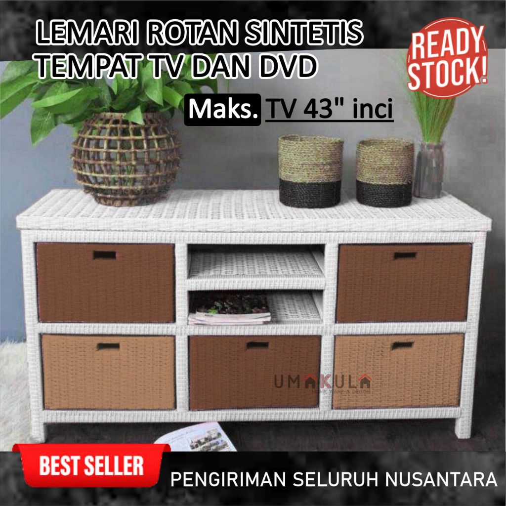 Lemari Rak Rotan Sintetis 5 Laci Buffet Bufet Meja TV 43 inci Ruang Tamu Minimalis Murah Terbaru