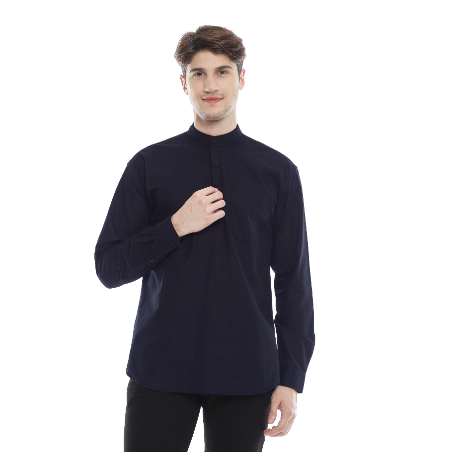 Baju Koko Navy Lengan Panjang Pria Kemeja Muslim Biru Dongker Premium Quality
