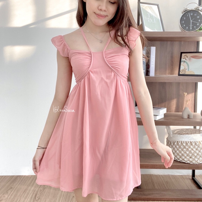 BLOOMSWAN - Yuzu Dress Korea Simple Gaun Wanita Pink Nude Sederhana Pesta Mini Rok Sabrina Premium I