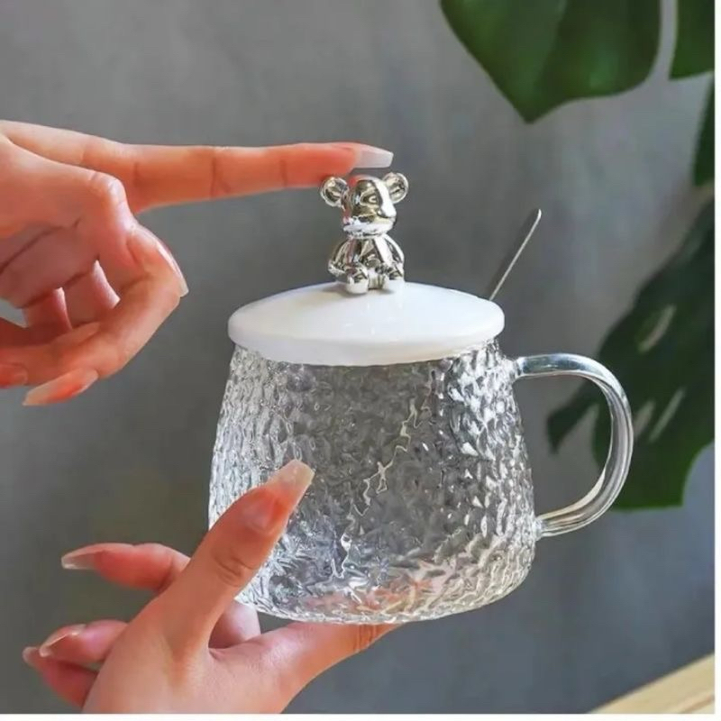 Gelas Kaca/Mug Tutup Beruang Dengan Sendok/Gelas Kopi/Gelas Susu/Gelas Teh/Mug Kaca/Cangkir Kaca