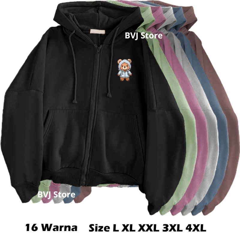 Bear jacket zipper wanita gaya korean style wanita pria L XL XXl 3XL 4XL hoodie resleting cewek cowo