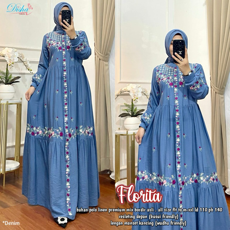 Florita bordir gamis wanita polo linen premium ori athaya outfit