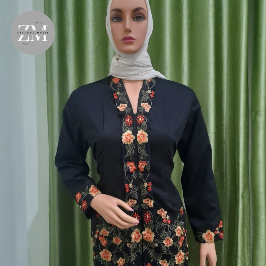 Atasan Kebaya Encim Bordir Bunga Katun Toyobo Premium Lengan Panjang - Hitam