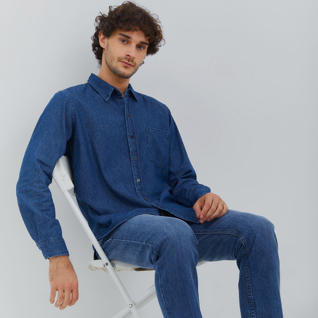 Hillboss Kemeja Jeans Lengan Panjang Pria Biru Tua Casie - Casual Denim Shirt Old Navy Blue - Dsl010