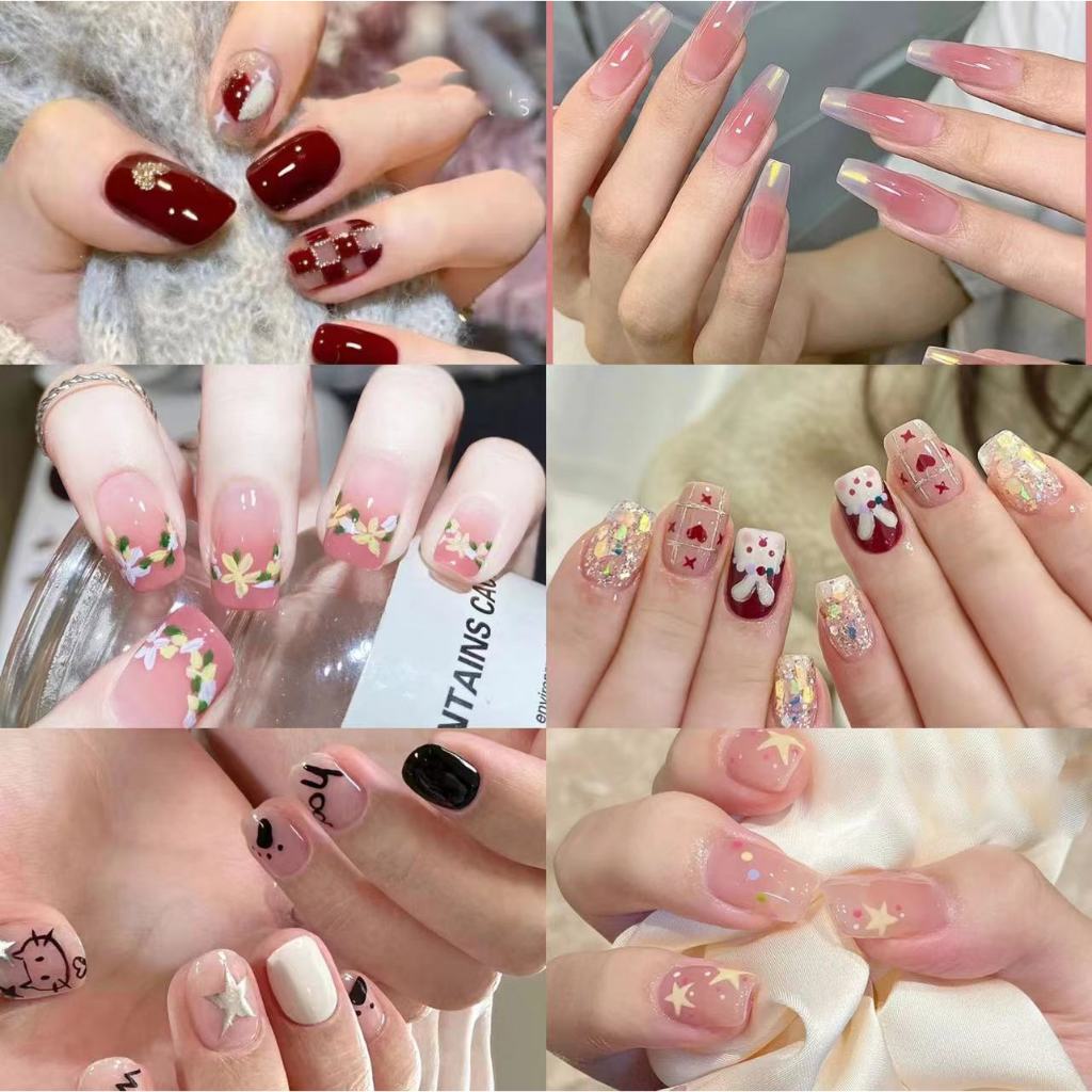 FAKE NAILS Kuku Palsu Dan Lem 24 Pcs Nail Art Berbagai gaya kuku palsu panjang aesthetic