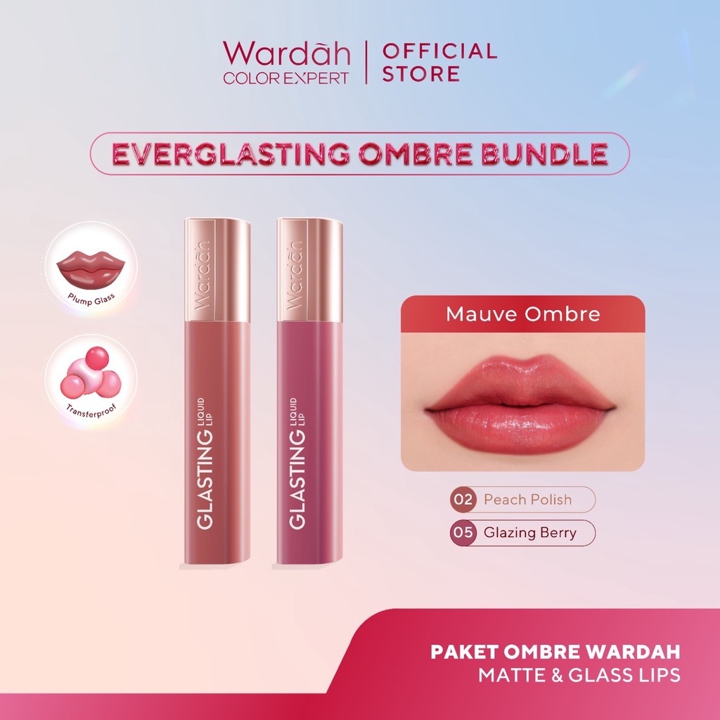 WARDAH Glasting Liquid Lip Mauve Ombre Package / Indonesia Paket 02 Peach Polish + 05 Glazing Berry 