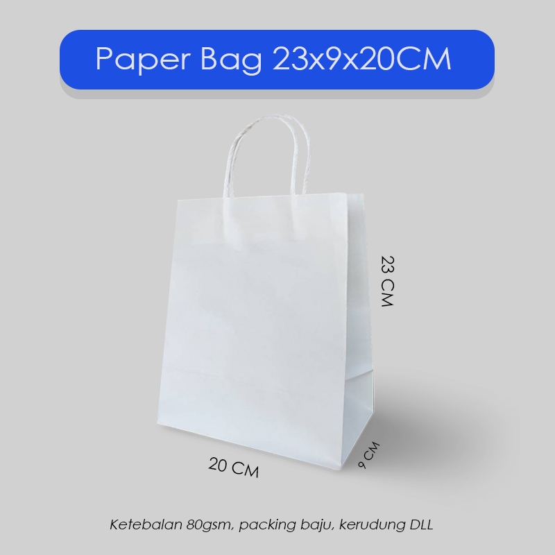 

Paper Bag Kado Warna Putih 23x9x20 cm / Paper Bag Putih Packing Baju, Kerudung Online Shop / Papper Bag Polos White Colour