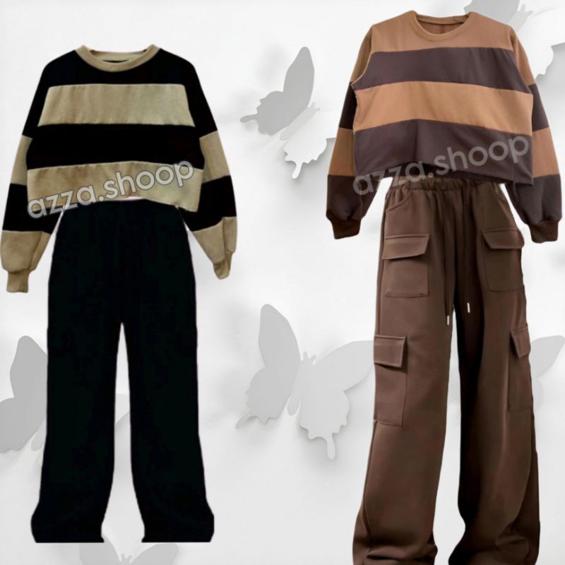 ONESET KIYOWO SWEET PANTS JOOLY UP CARGO WANITA OVERSIZE JUMBO SETELAN SWEATER CROPE WANITA + CARGO