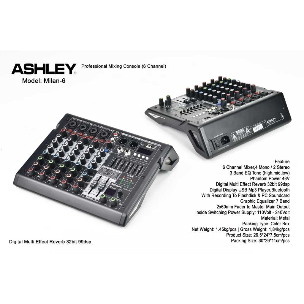 Mixer Audio ASHLEY MILAN 6 Original 6 Channel 4 Mic Line 2 Stereo