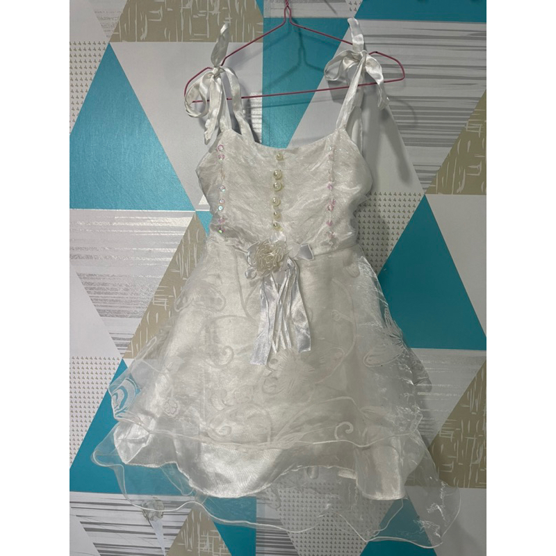 Dress pesta Putih tali satu anak usia 3-4 tahun, rok 4 lapis, motif rok kupu-kupu cantik (prelove)