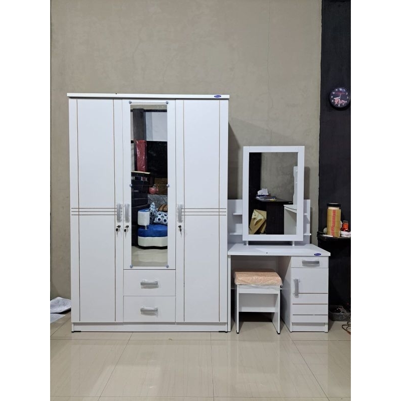 Set Lemari 3 Pintu dan Meja Rias Kaca Sliding - Lemari Dan Meja Rias Murah - Satu Set Terlaris Cireb