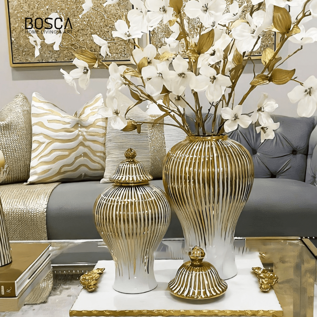 Bosca Living - Luca Guci Ceramic Vase / Vas Guci Keramik Mewah Putih Gold / Vas Bunga Ginger Gucci