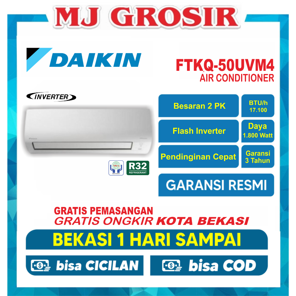 AC DAIKIN FTKQ 50 UVM4 RKQ 2 PK + PASANG R32 FLASH INVERTER LOW WATT
