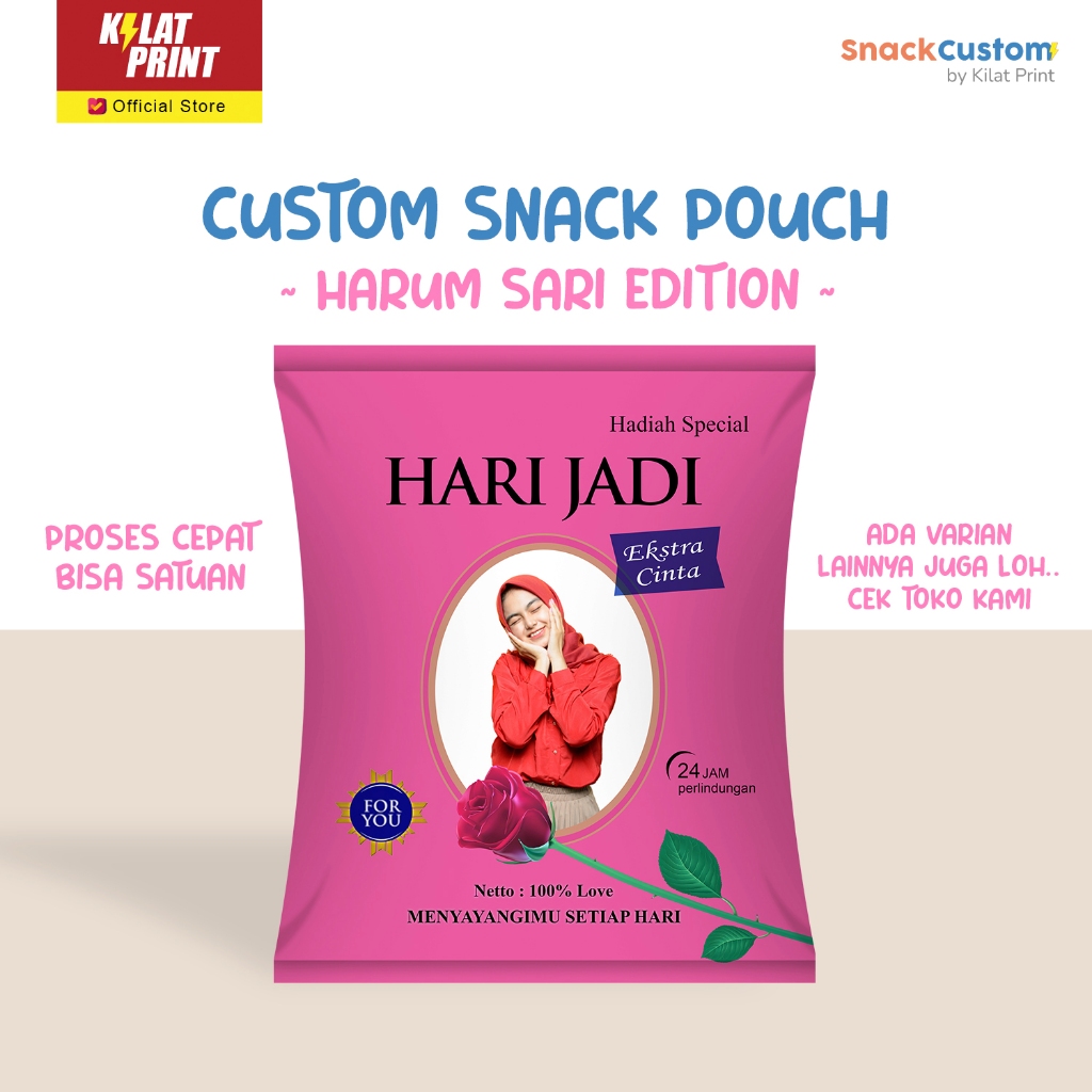 

Snack Custom Foto Teks Bungkus Pouch Jumbo Ala Harum Sari Edition