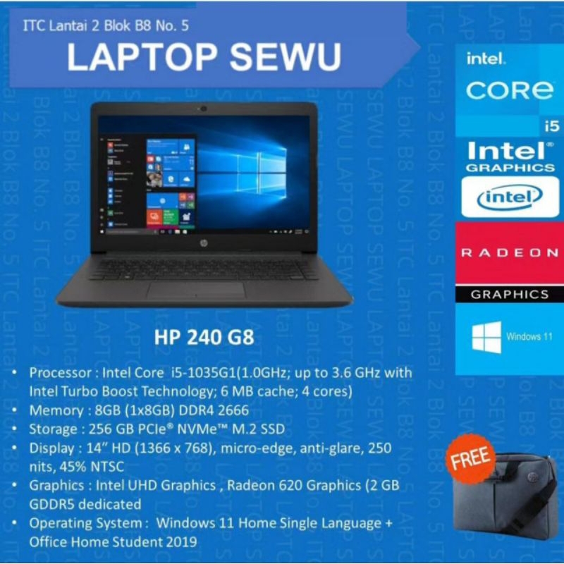 HP 240 G8 INTEL CORE I5-1035G1 8GB SSD 256GB UHD+RADEON WIN 11 BARU
