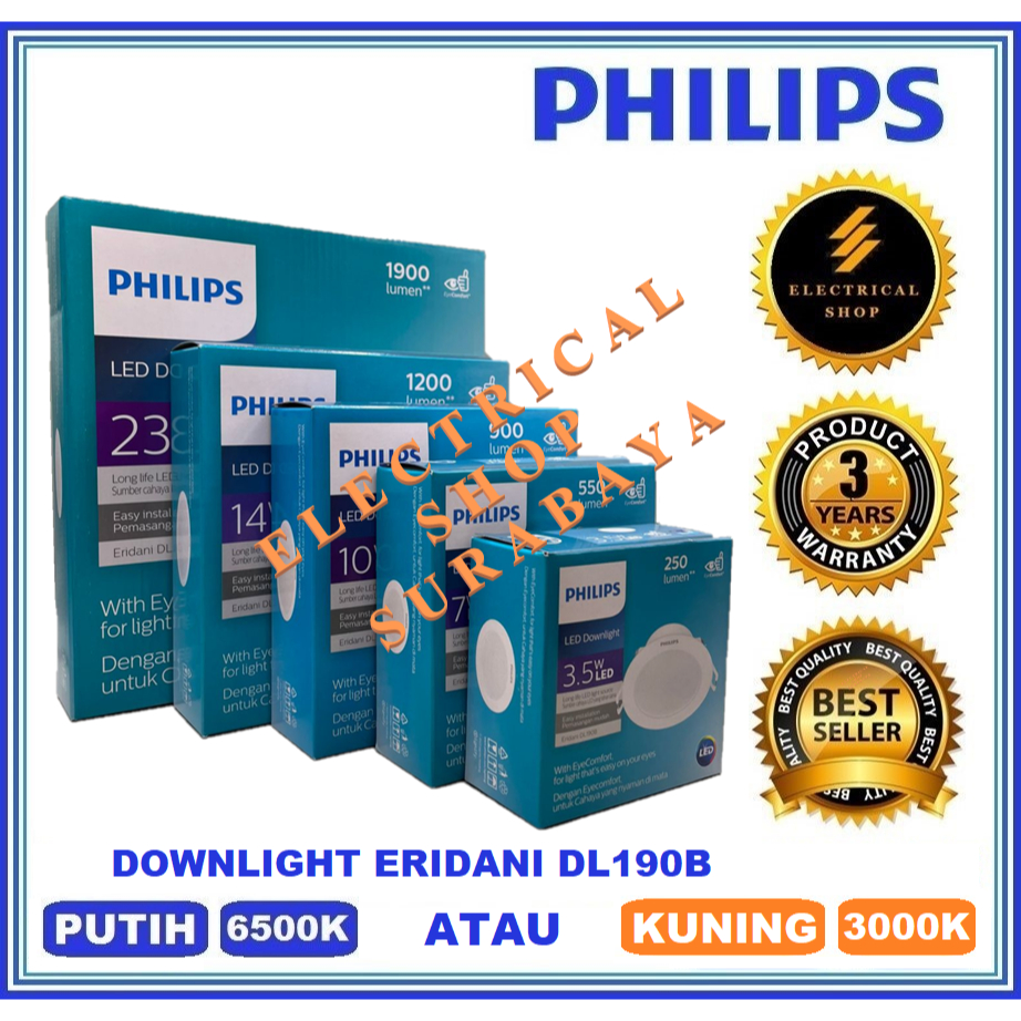 PHILIPS DOWNLIGHT LED ERIDANI 3,5W 7W 10W 14W 23W PUTIH ATAU KUNING LAMPU TANAM PLAFON 4 5 6 8 " inc