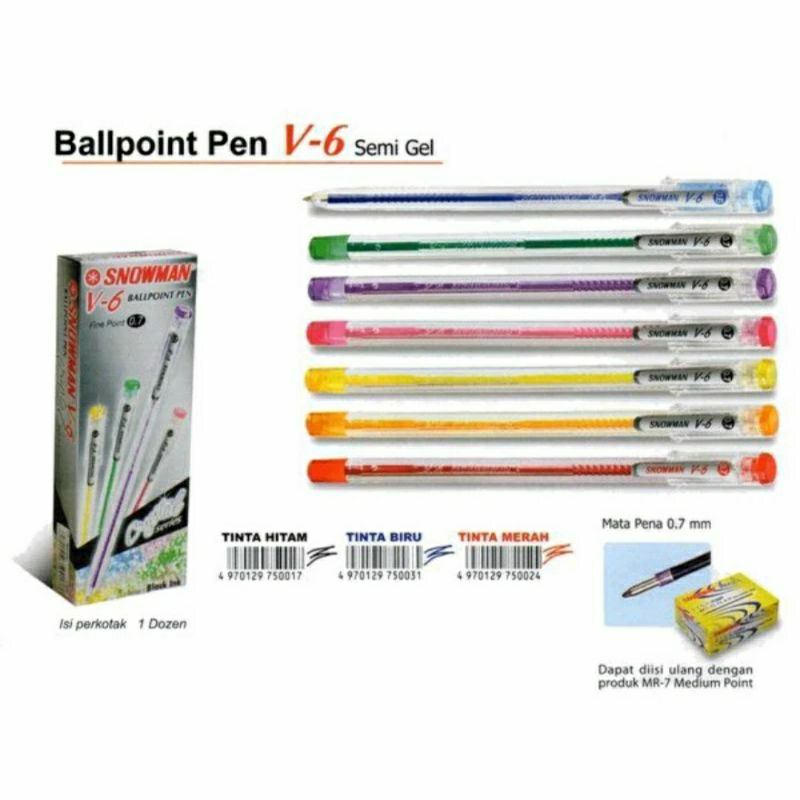 

Pulpen Snowman V6 Semi Gel 0,7mm (isi 12 pcs)